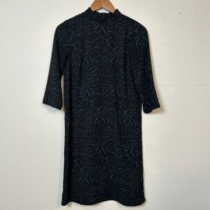 ICHI Shift Dress Black Green Abstract Print XS Mock Neck Career Minimal